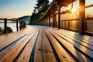 a wooden walkway with the sun setting behind it. AI-Generated photo