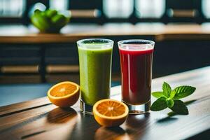 two glasses of green and orange juice on a table. AI-Generated photo