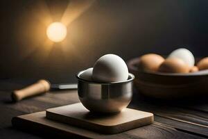 eggs in a bowl on a wooden table. AI-Generated photo