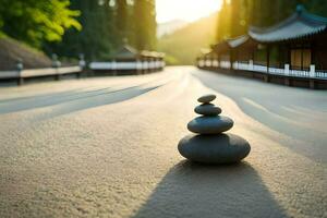 a stack of rocks sitting on the ground in front of a building. AI-Generated photo