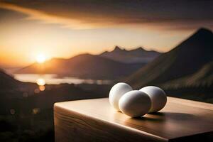 three eggs on a table in front of a mountain. AI-Generated photo