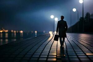 un hombre caminando abajo un camino a noche con un maletín. generado por ai foto