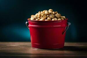 a red bucket filled with peanuts on a wooden table. AI-Generated photo