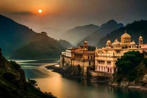 the sun sets over a palace in india. AI-Generated photo