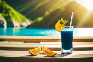 blue drink with orange slices on a wooden table. AI-Generated photo