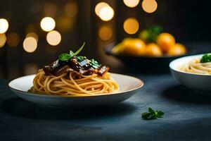 spaghetti with meat and sauce on a plate. AI-Generated photo