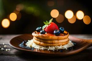 pancakes with berries and rice on a wooden plate. AI-Generated photo