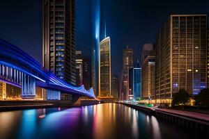 the chicago river at night with a bridge and buildings. AI-Generated photo