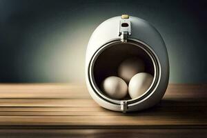 an egg in an egg cooker on a table. AI-Generated photo