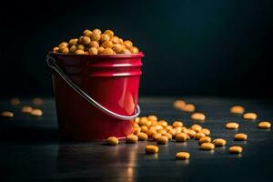 a bucket of soybeans on a dark table. AI-Generated photo