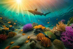 a shark swims over a coral reef with colorful fish. AI-Generated photo