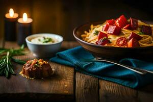 spaghetti with meat and vegetables in a bowl. AI-Generated photo