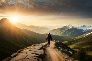 un hombre camina arriba un montaña sendero a puesta de sol. generado por ai foto