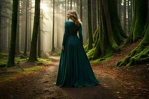 woman in green dress standing in the middle of a forest. AI-Generated photo