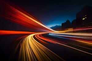 light trails on the road at night. AI-Generated photo