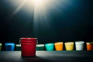 a red bucket with many different colored paint cans. AI-Generated photo