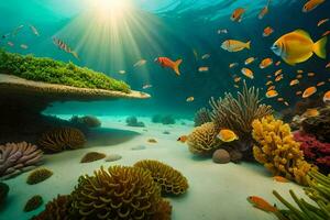 an underwater scene with coral reefs and fish. AI-Generated photo