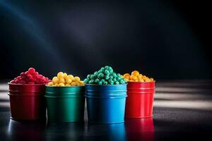 four colorful buckets with different colored candies. AI-Generated photo