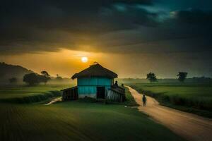 un casa en el medio de un campo a puesta de sol. generado por ai foto