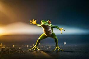 a frog is standing on its hind legs and is holding its arms out. AI-Generated photo