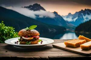 a burger and a slice of bread with a view of the mountains. AI-Generated photo