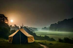 a tent is set up on a hill overlooking a valley. AI-Generated photo