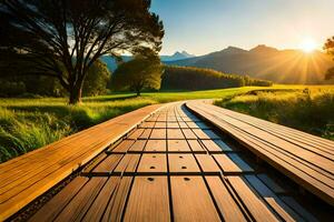 a wooden walkway in the sun. AI-Generated photo