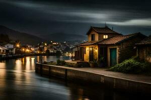 un casa se sienta en el lado de un río a noche. generado por ai foto