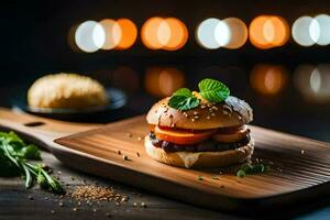 un hamburguesa en un de madera corte tablero. generado por ai foto