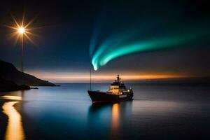 un barco en el Oceano con un Aurora boreal. generado por ai foto