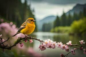 un amarillo pájaro se sienta en un rama cerca un lago. generado por ai foto