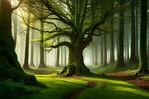 a tree in the middle of a forest with fog. AI-Generated photo