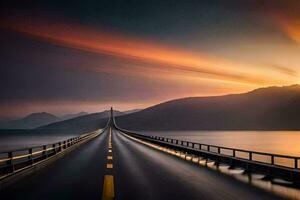 un largo puente con un puesta de sol en el antecedentes. generado por ai foto