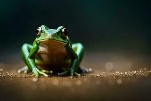 a frog sitting on the ground with a dark background. AI-Generated photo