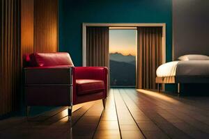 a red chair sits in front of a bed. AI-Generated photo