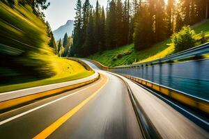 a car driving on a highway with trees and mountains in the background. AI-Generated photo