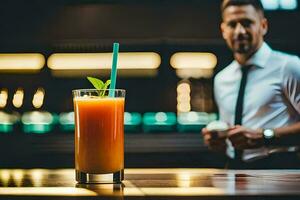 un hombre en pie detrás un bar con un naranja beber. generado por ai foto