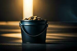a bucket filled with gold coins on a dark background. AI-Generated photo