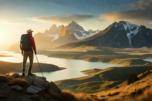 a man with a backpack and hiking poles stands on a mountain overlooking a lake and mountains. AI-Generated photo