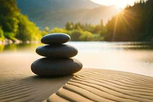 a stack of rocks sitting on the sand near a lake. AI-Generated photo