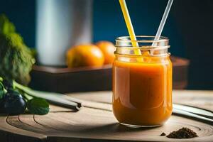 a glass of orange smoothie with a straw. AI-Generated photo