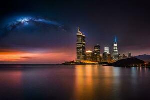 el ciudad horizonte a noche con un lechoso en el cielo. generado por ai foto