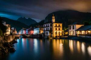 un río en el medio de un pueblo a noche. generado por ai foto