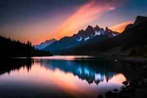 a mountain range is reflected in a lake at sunset. AI-Generated photo