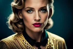 a woman with a gold jacket and red lipstick. AI-Generated photo