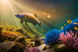 a fish swims in the ocean with colorful corals and fish. AI-Generated photo