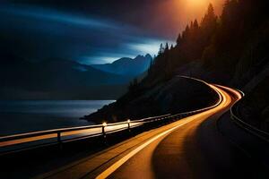 a long exposure photo of a road with a mountain in the background. AI-Generated