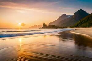 sunset on the beach with mountains in the background. AI-Generated photo
