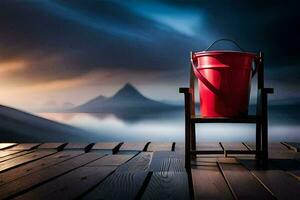 a red bucket sitting on a wooden chair in front of a lake. AI-Generated photo