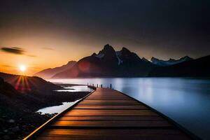 a wooden boardwalk leads to the mountains at sunset. AI-Generated photo